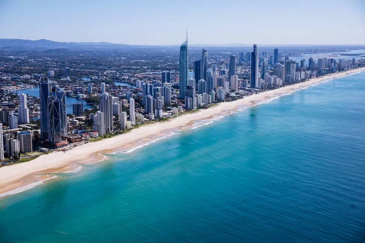 Aerial view of Surfers Paradise Beach stretching along the Gold Coast