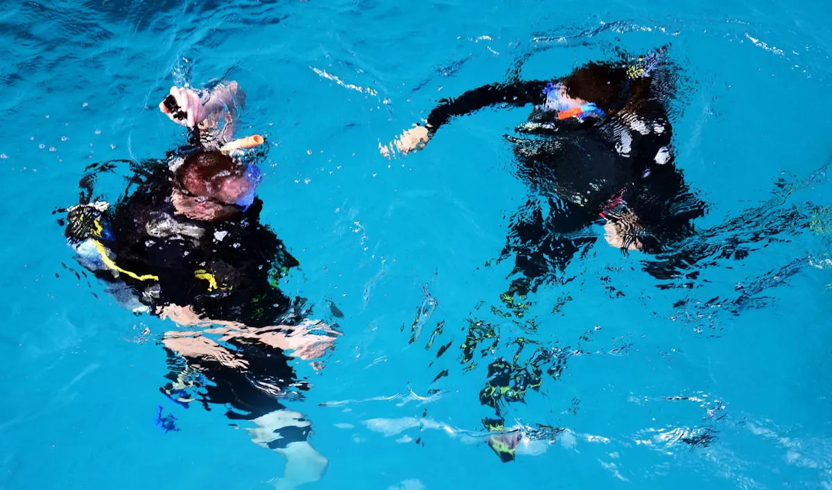 Snorkellers training with floats at Norman Reef off Cairns