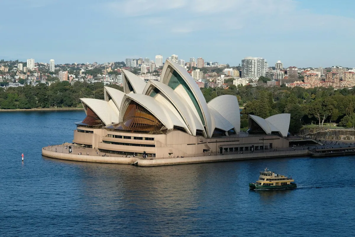 Aerial view of Sydney Opera House, ferries and the Harbour Bridge