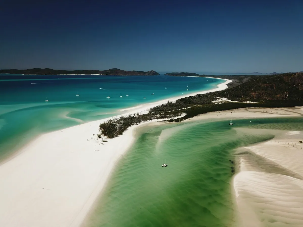 Whitehaven Beach swirling sand and tide patterns from above at Hill Inlet