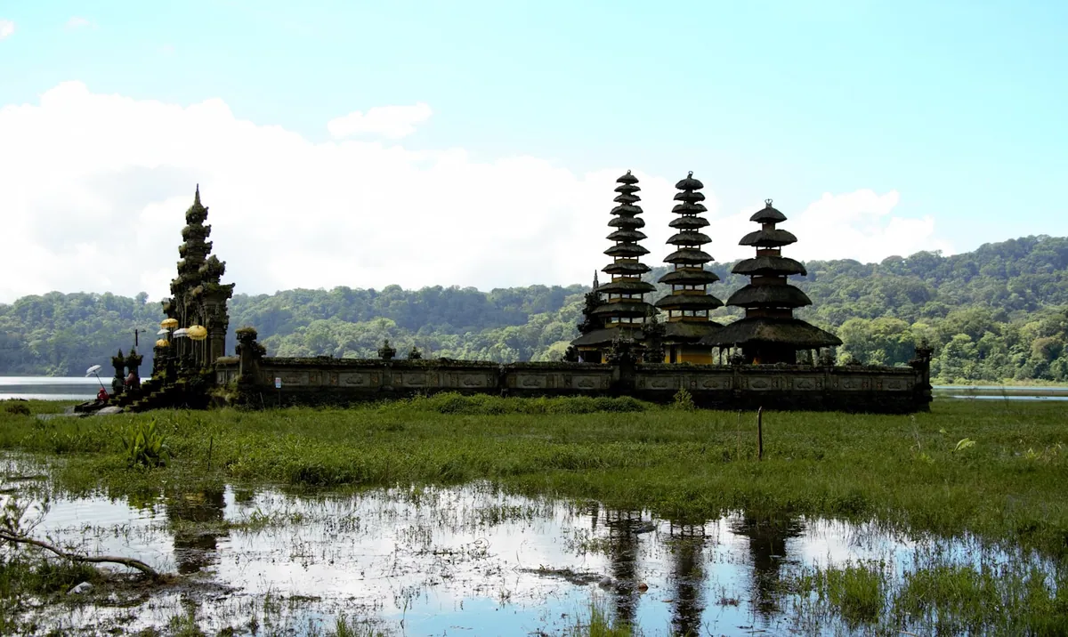 Lake Tamblingan and lakeside temple in the Munduk highlands, Bali