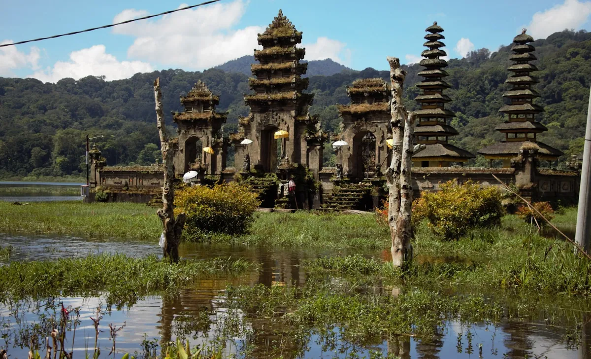 Pagoda temple beside the twin lakes near Munduk, Bali