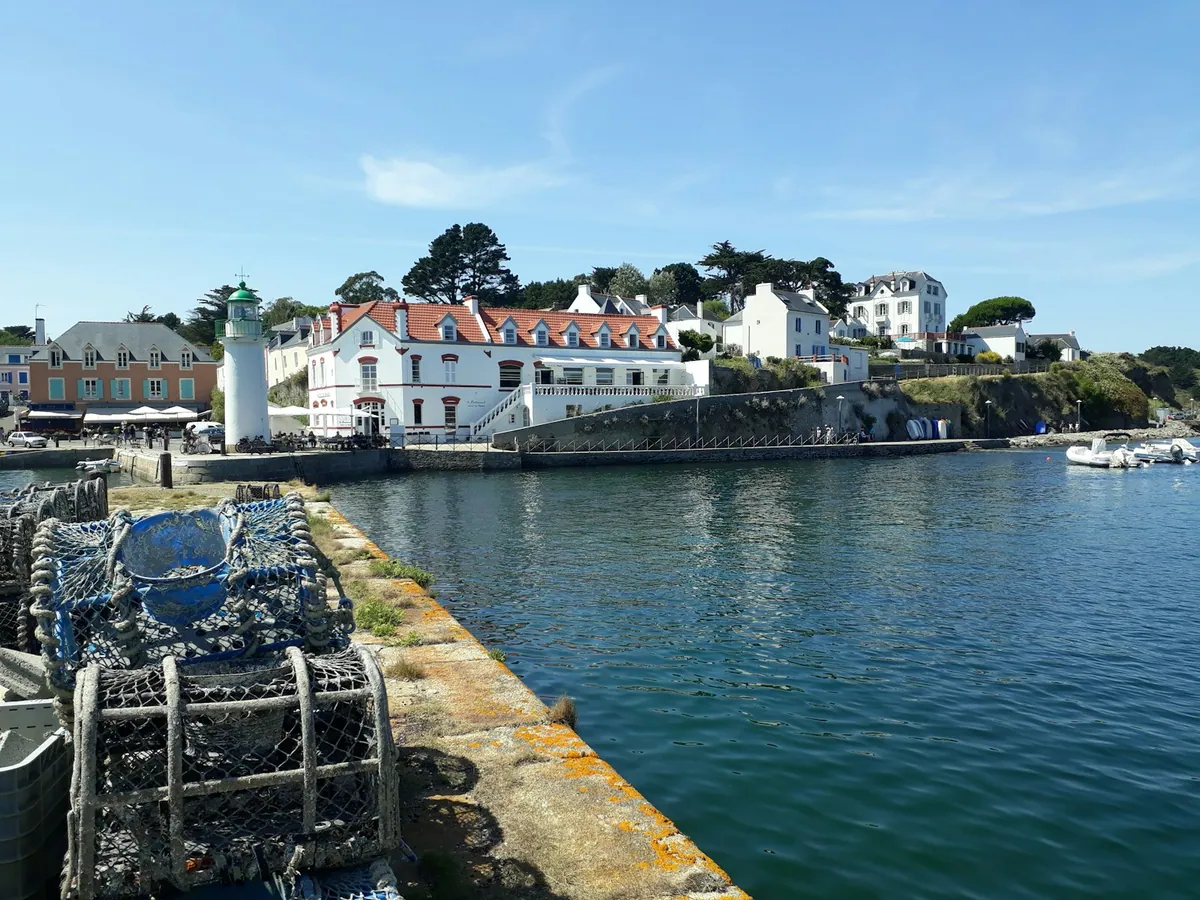 Pastel harbour buildings of Sauzon on Belle-Île-en-Mer, Brittany