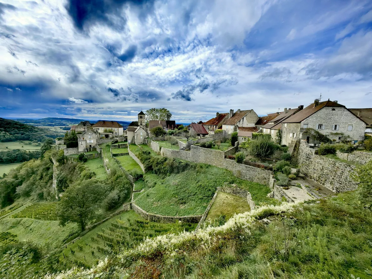 Burgundy hilltop village seen across the countryside