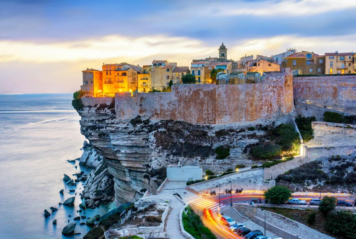 Old town houses perched above the sea at Bonifacio, Corsica