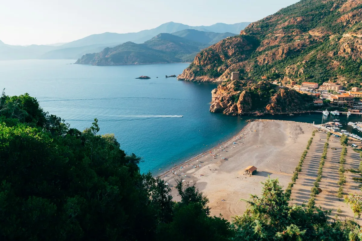 Aerial view of an island and beach near Porto, western Corsica (Calanques de Piana area)