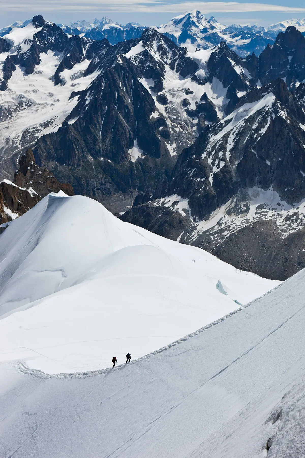 Aerial view of two climbers on a snow ridge near Aiguille du Midi, Chamonix