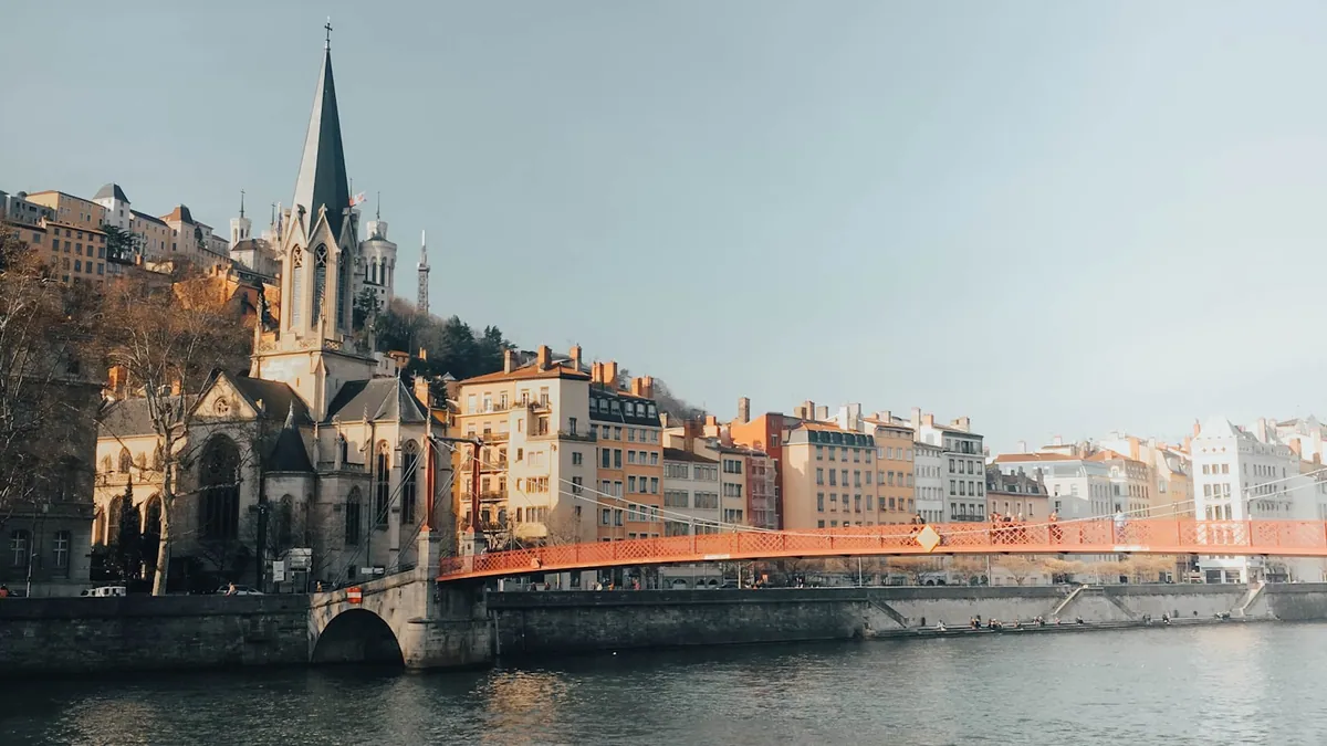 Riverside church and old facades along the Saône, Lyon