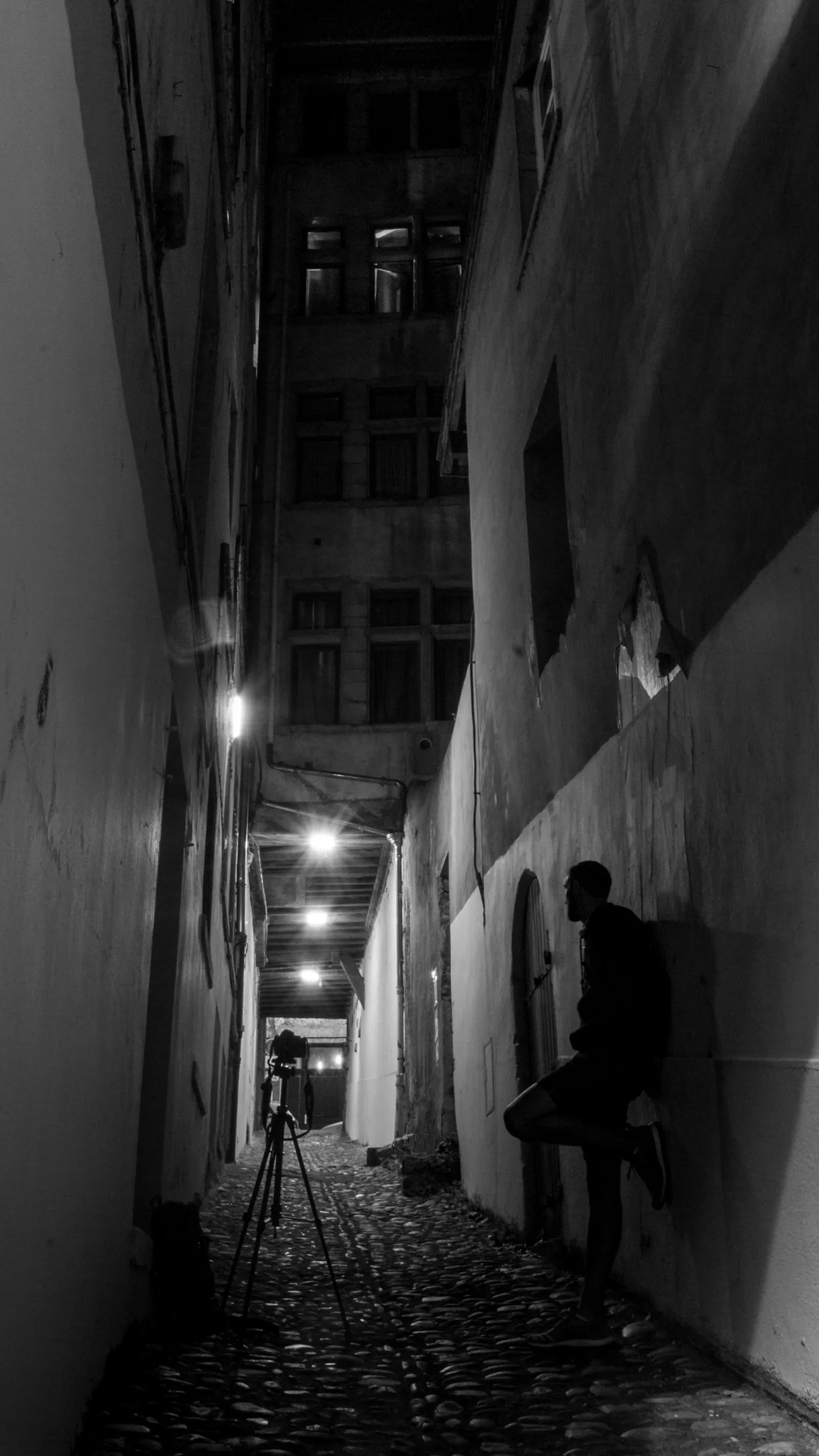 Lantern-lit alley in Vieux Lyon at night