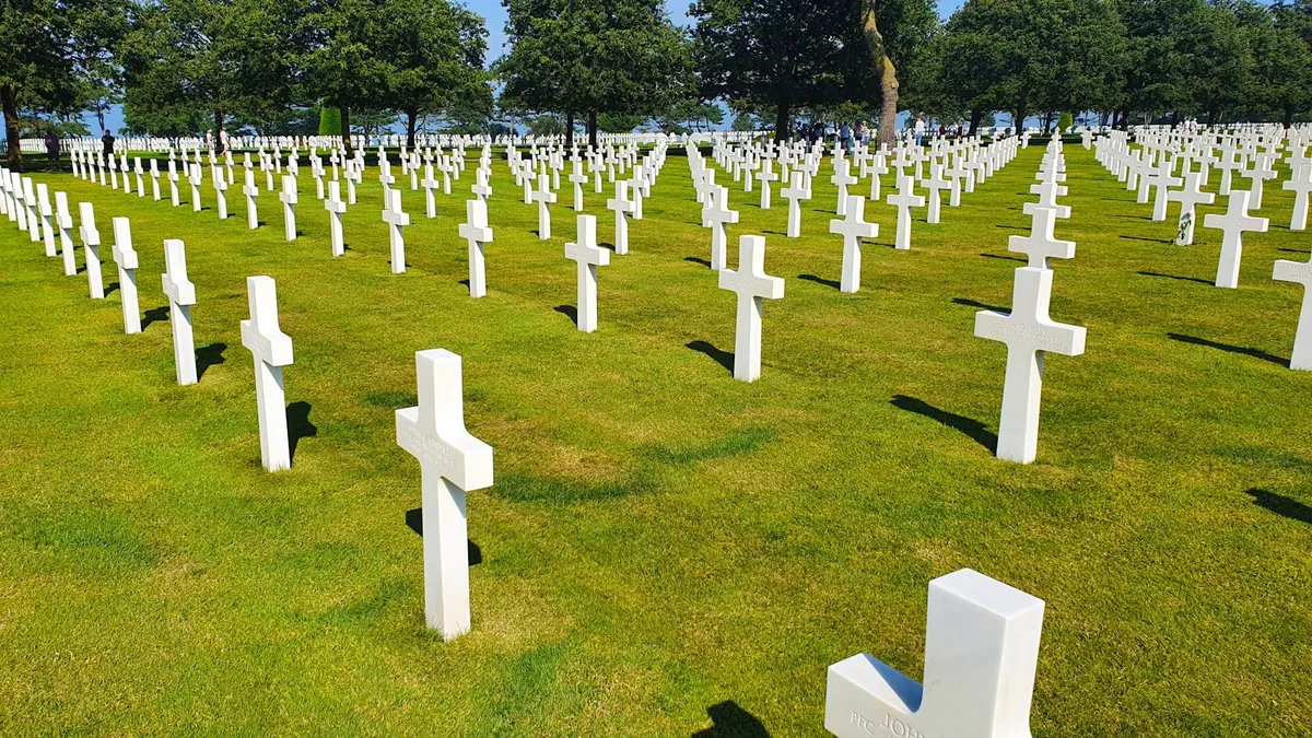 Endless rows of white crosses at the Omaha Beach American cemetery, Normandy