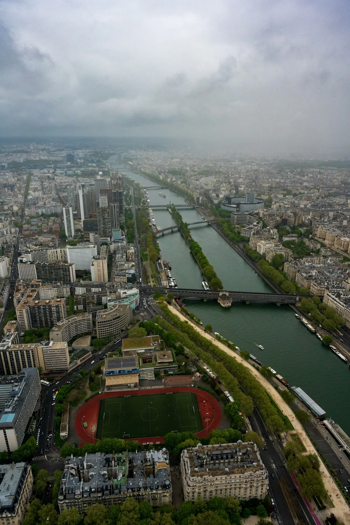 Aerial view of Paris with the Seine winding past Ile de la Cite
