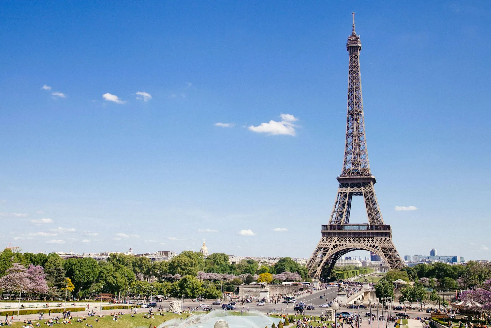 Eiffel Tower viewed from the Champ de Mars at twilight, Paris