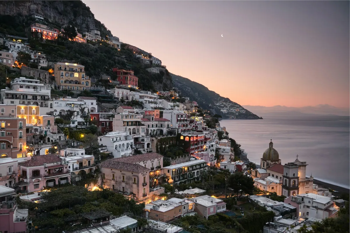 Positano in evening blue hour on the Amalfi Coast