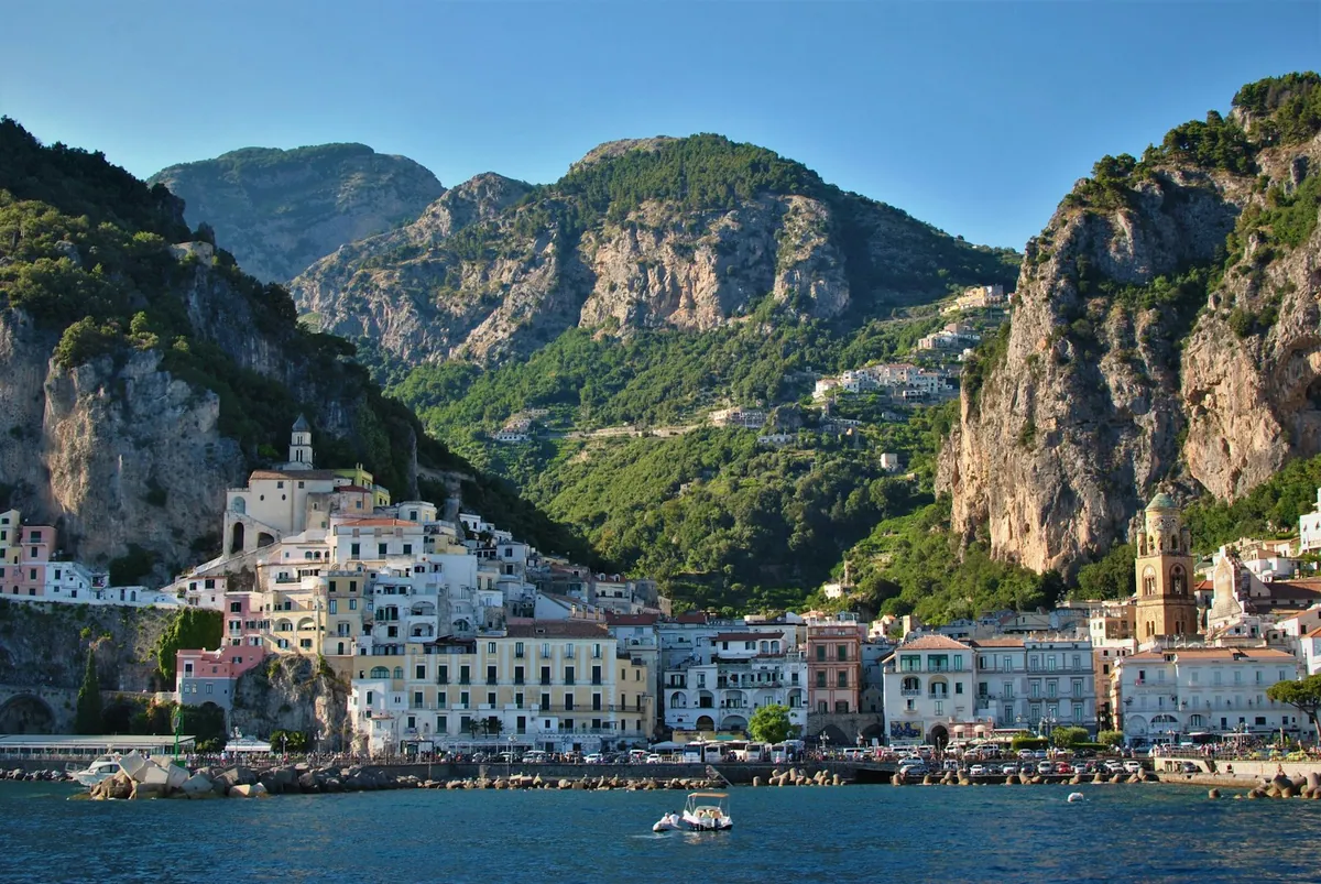 Town of Amalfi rising above the harbor on the Amalfi Coast