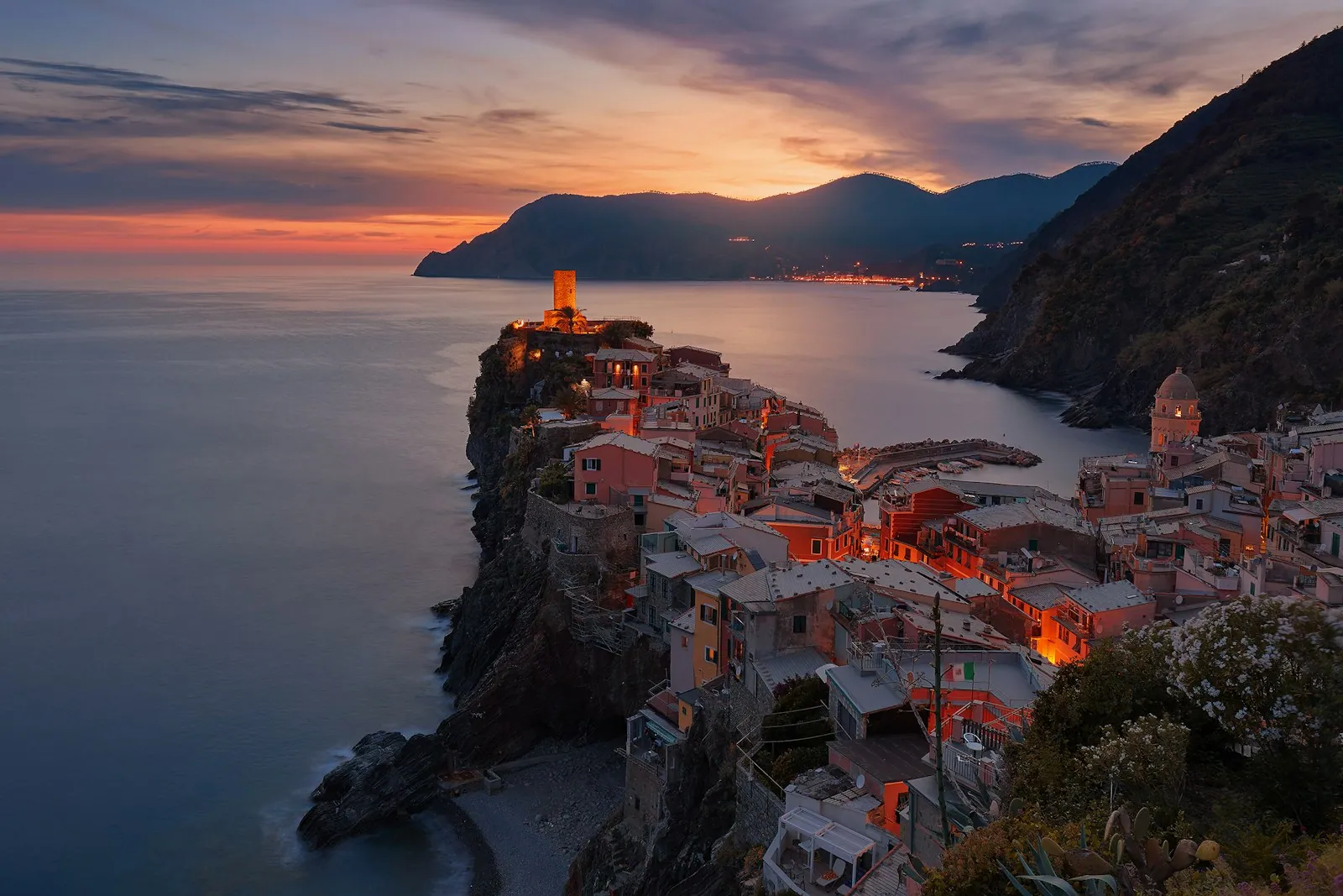 Aerial view of Vernazza village in Cinque Terre at sunset