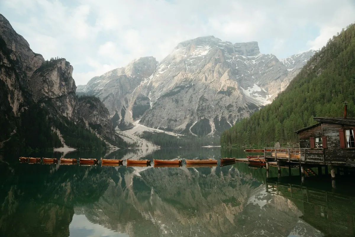 Lago di Braies alpine lake with mountains in the Dolomites