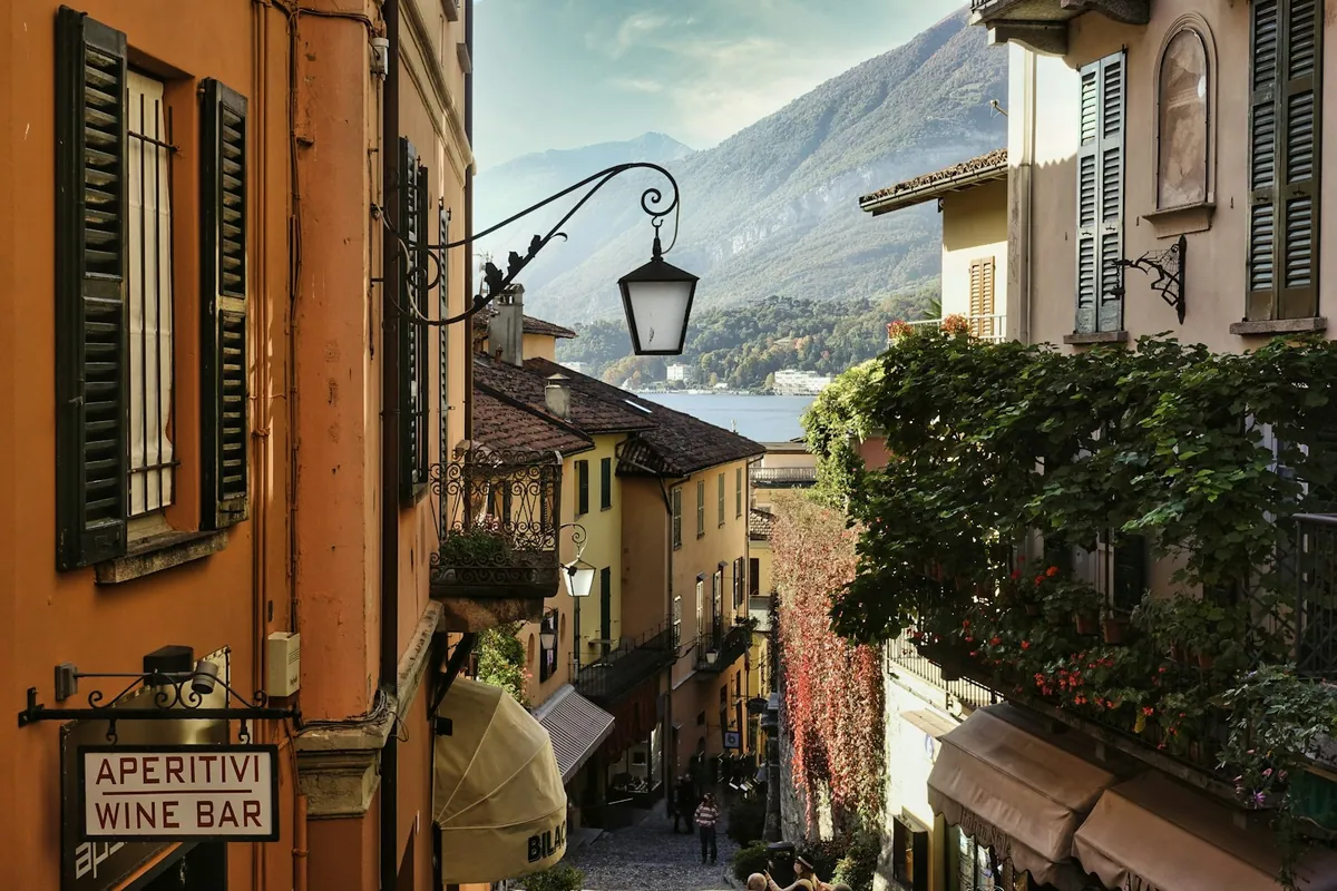Narrow flower-lined street in Bellagio Lake Como