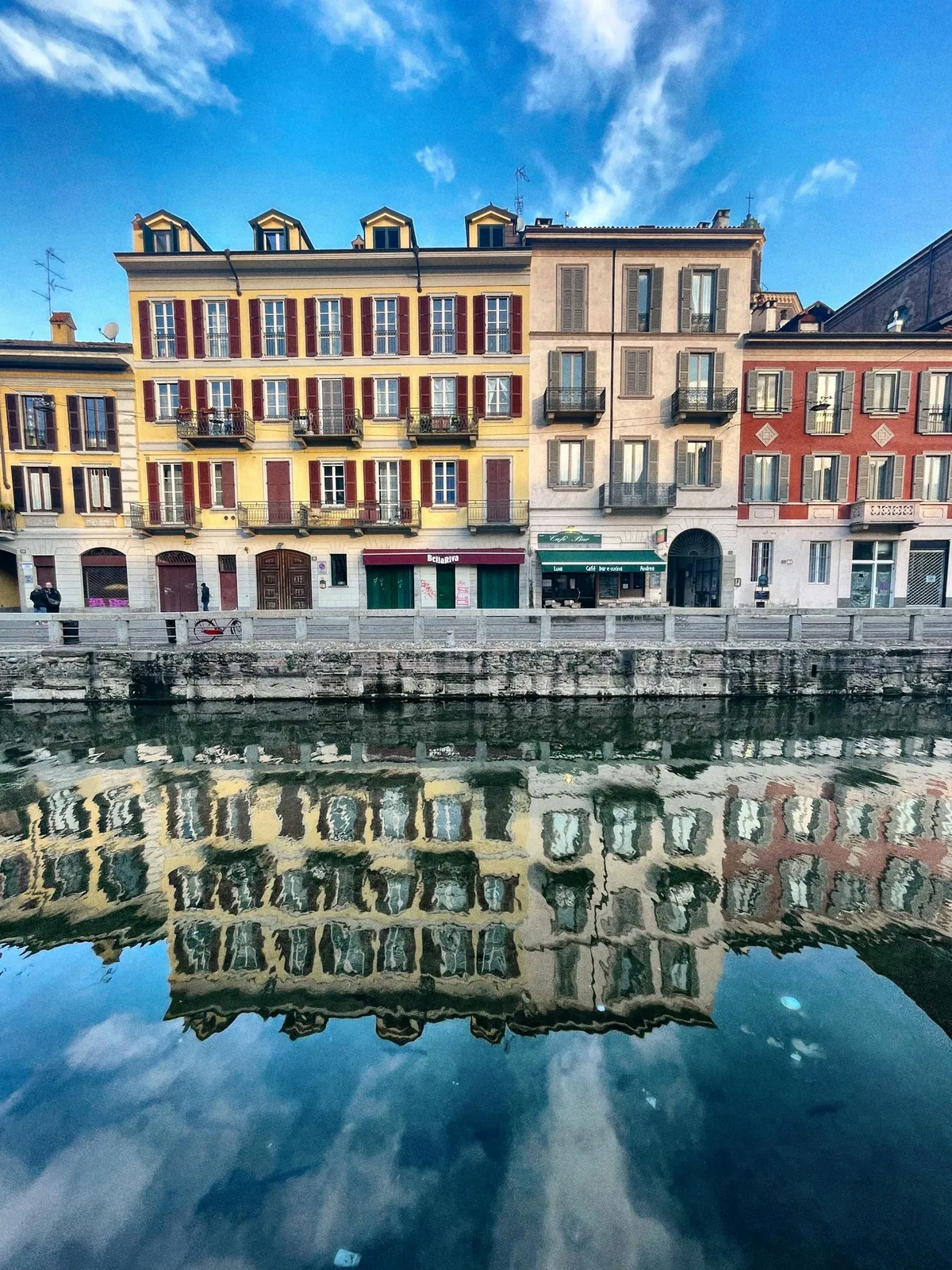 Reflection on the Navigli canal water in Milan