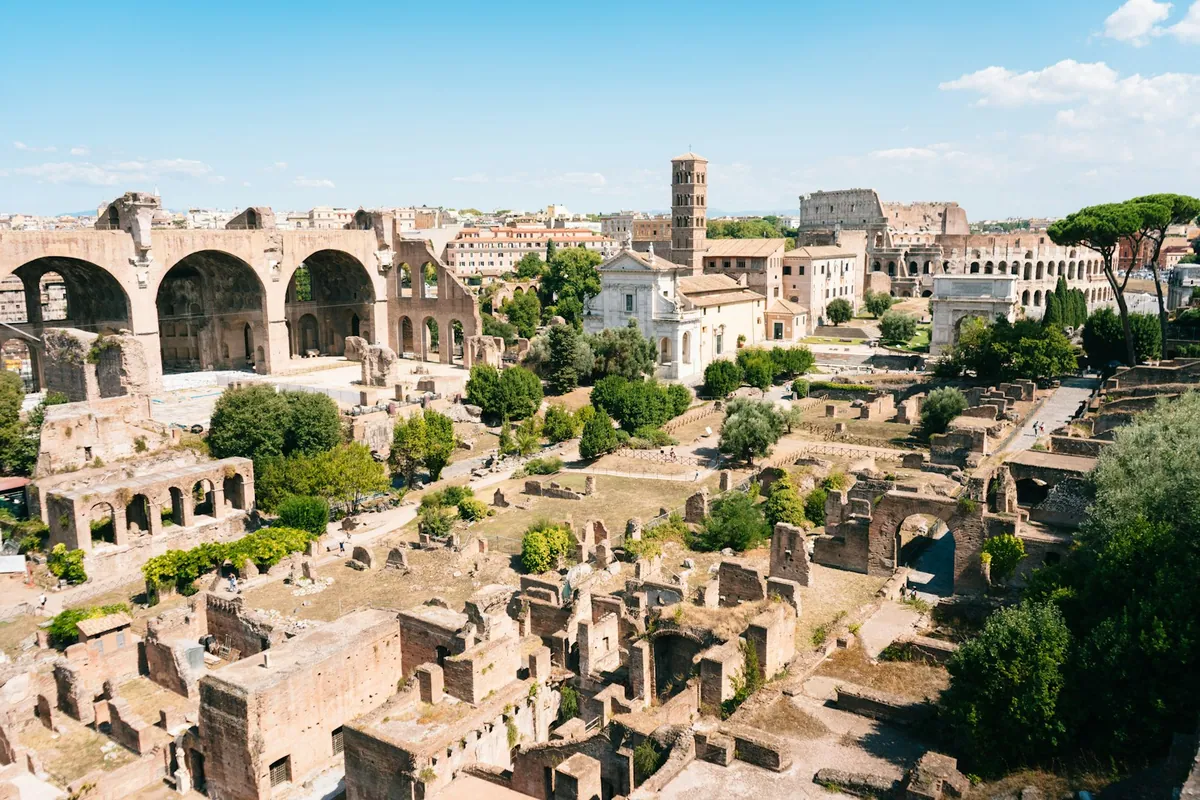 Aerial view of the ruins of the Roman Forum in Rome