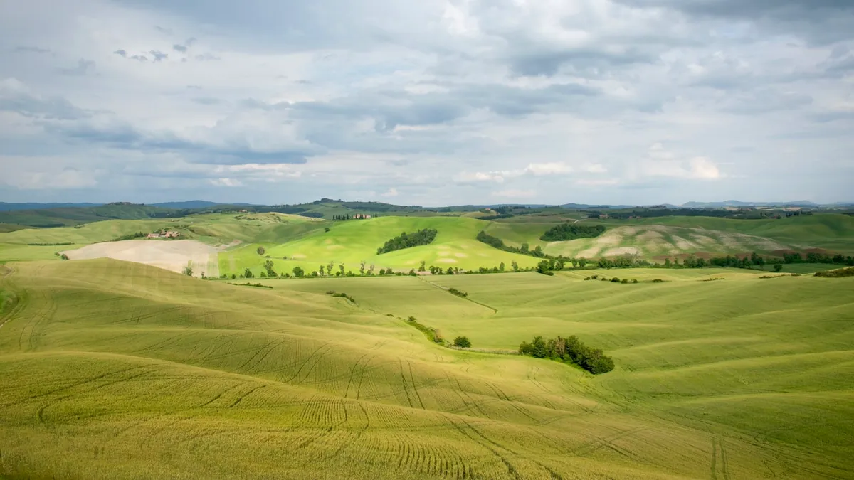 Wide view of the rolling Tuscan countryside in Italy