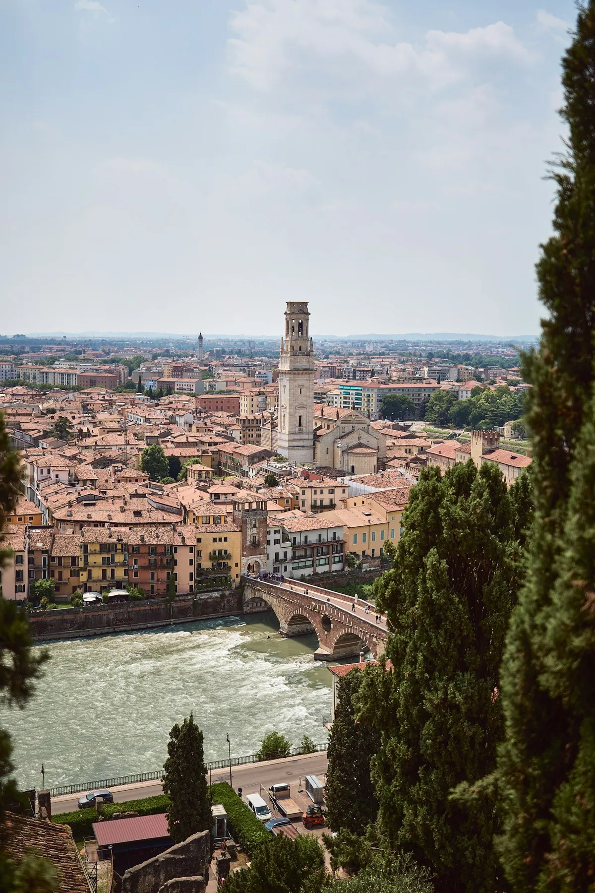 Aerial view of Verona with the river and a stone bridge