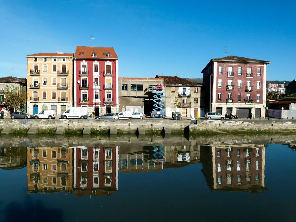 Brown and red estuary buildings of Bilbao (Casco Viejo area)