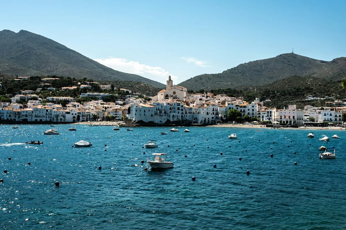 Boats moored in Cadaques harbor, Costa Brava