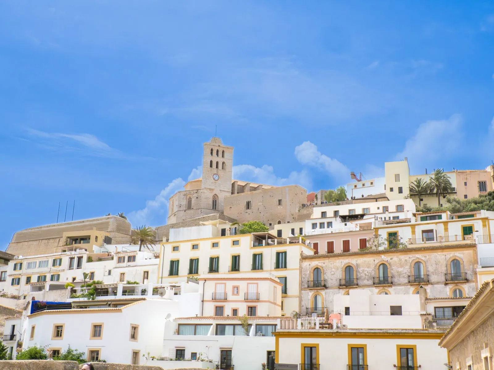 Whitewashed buildings on the hillside of Dalt Vila old town, Ibiza