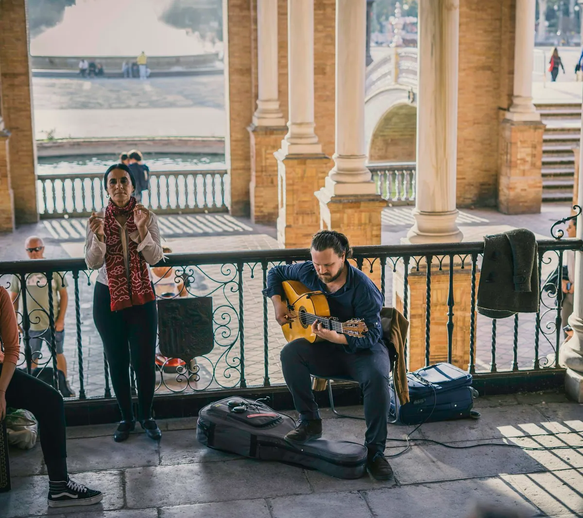 Flamenco musicians performing at Plaza de Espana, Seville